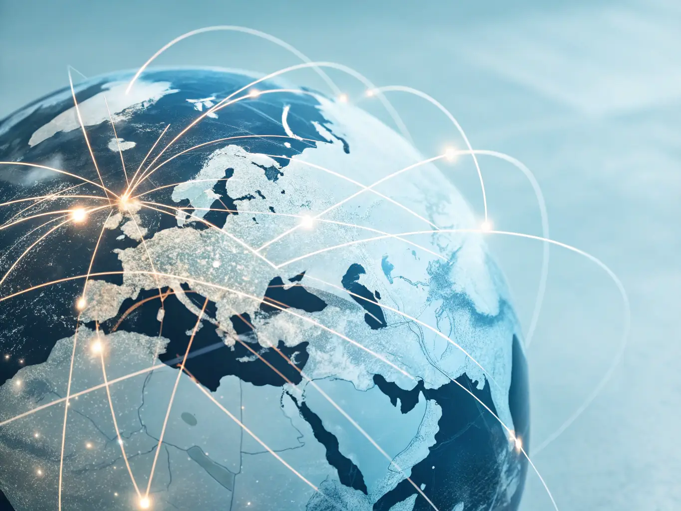 A digital illustration depicting a global network with interconnected nodes representing global categories in CPQ Suite Pro, emphasizing worldwide reach and organization.