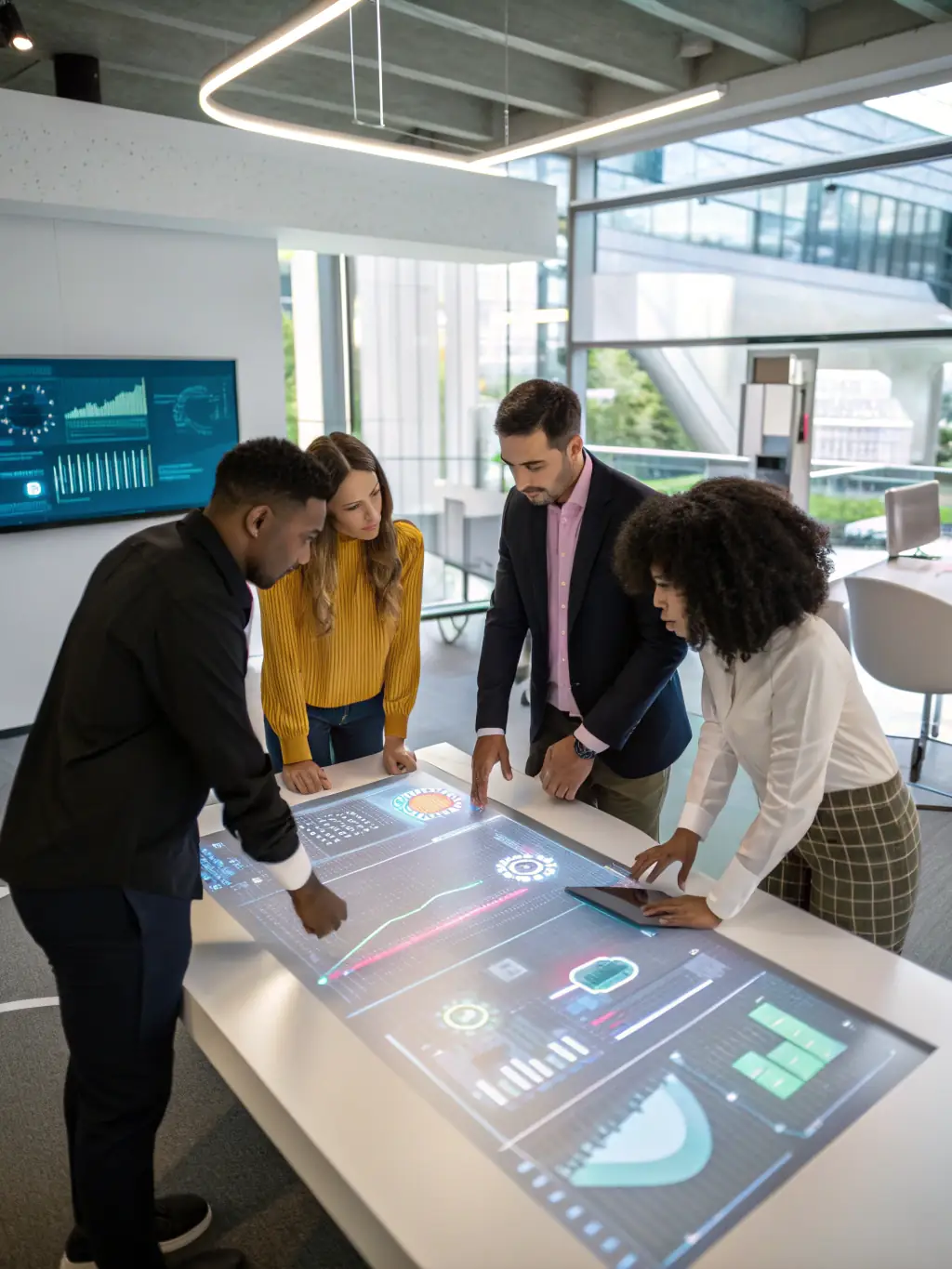 A photograph of an executive team collaborating around a digital workflow dashboard, illustrating streamlined processes, in a modern office setting. The image should convey efficiency and teamwork.