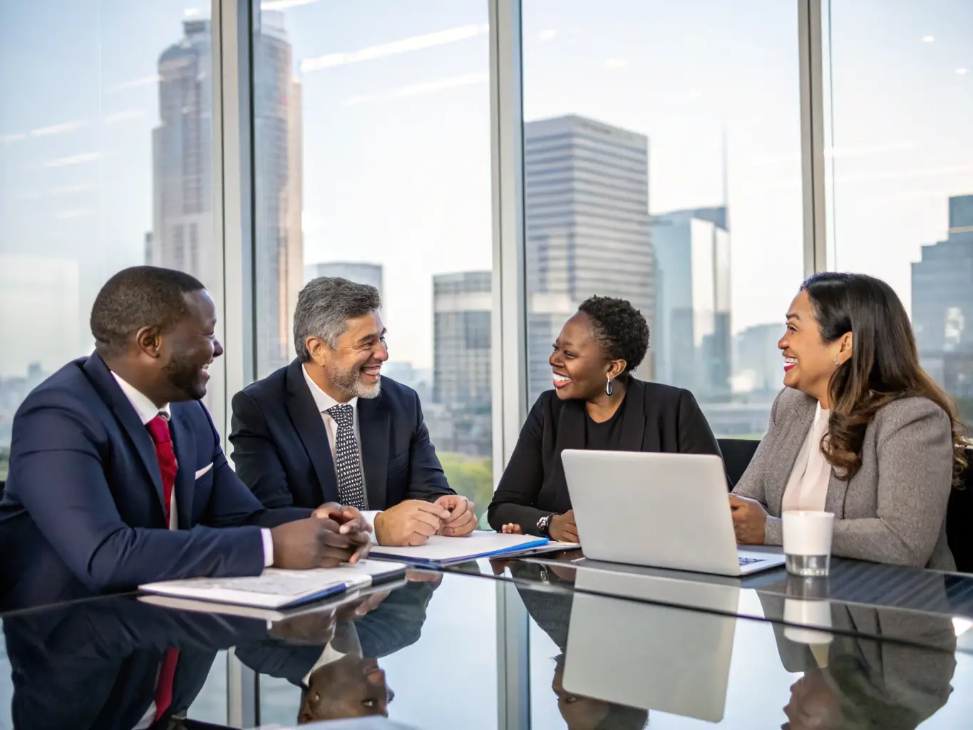 A diverse leadership team in a strategic planning session, collaborating around a table, representing C-Suite Pro's Leadership Team Alignment service.