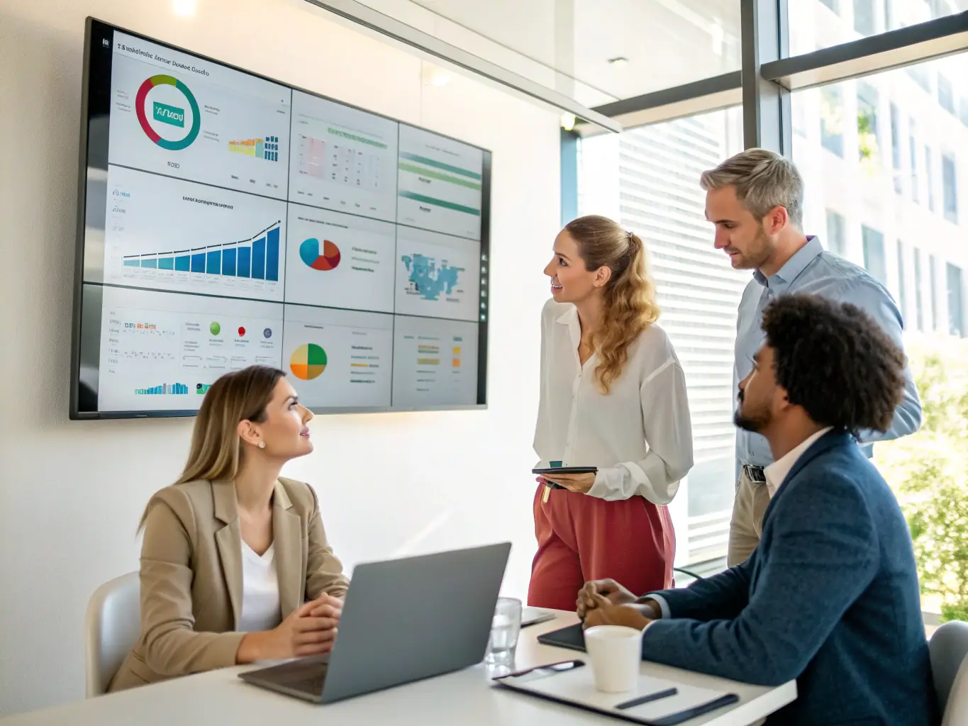 A dynamic image showcasing a sales team collaborating effectively around a digital dashboard displaying real-time sales data and CPQ metrics, set in a modern, open-plan office environment, symbolizing improved sales processes.