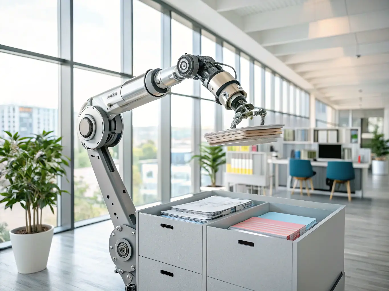 A digital illustration depicting a robotic arm automating a series of tasks in an office environment, symbolizing the replacement of manual processes with high-velocity automation.