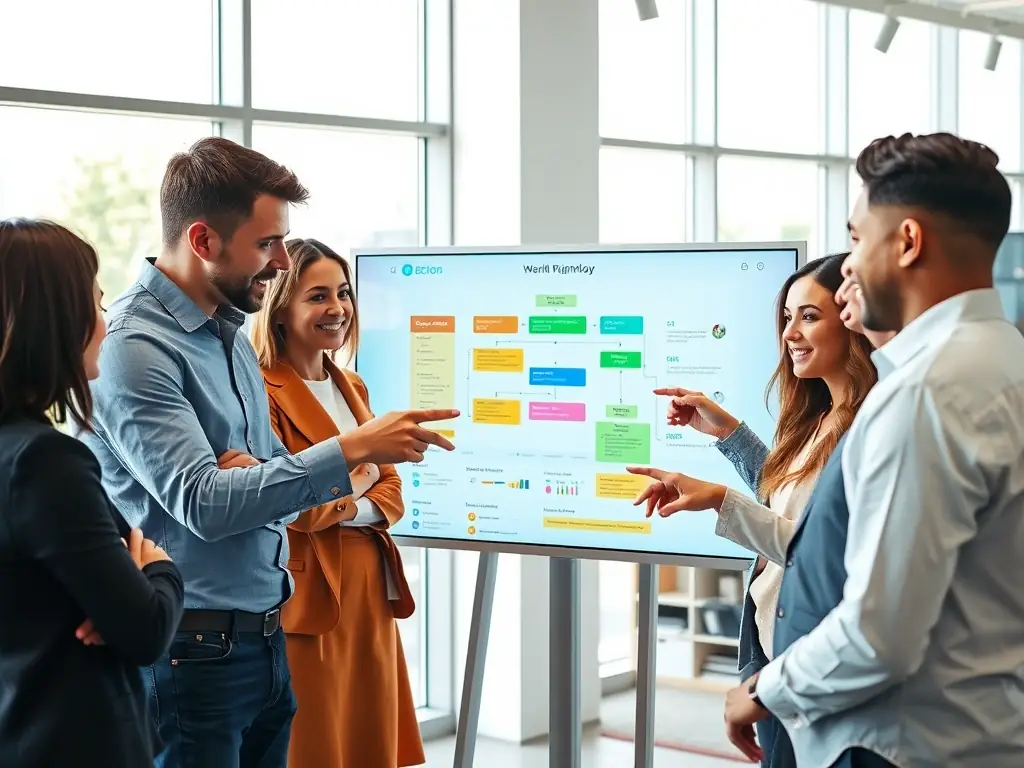 An executive team collaborating around a digital workflow dashboard, illustrating streamlined processes, representing C-Suite Pro's Executive Workflow Refinement service.