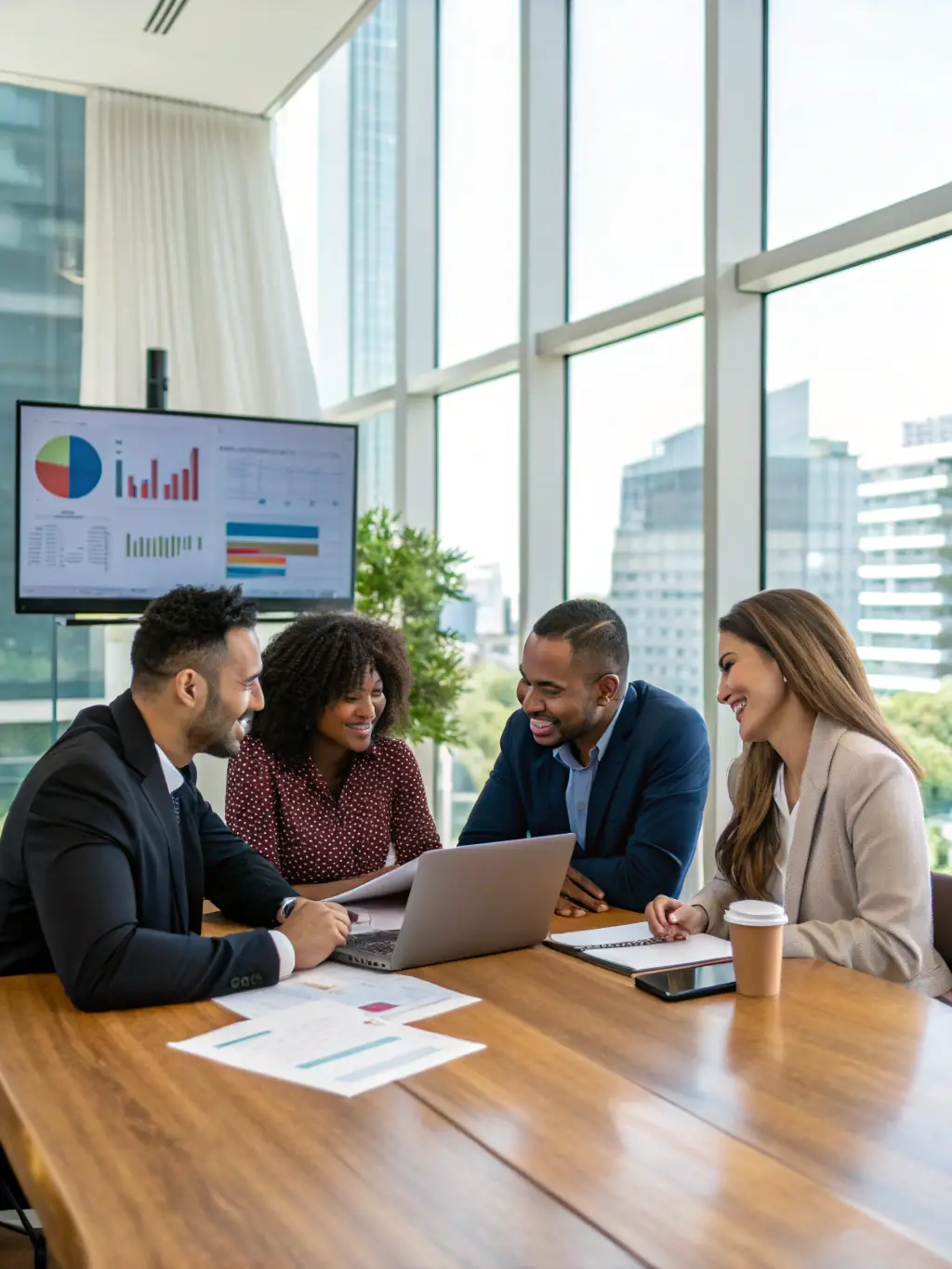 A photograph of a diverse leadership team in a strategic planning session, collaborating around a table in a brightly lit conference room. The image should convey unity and strategic thinking.