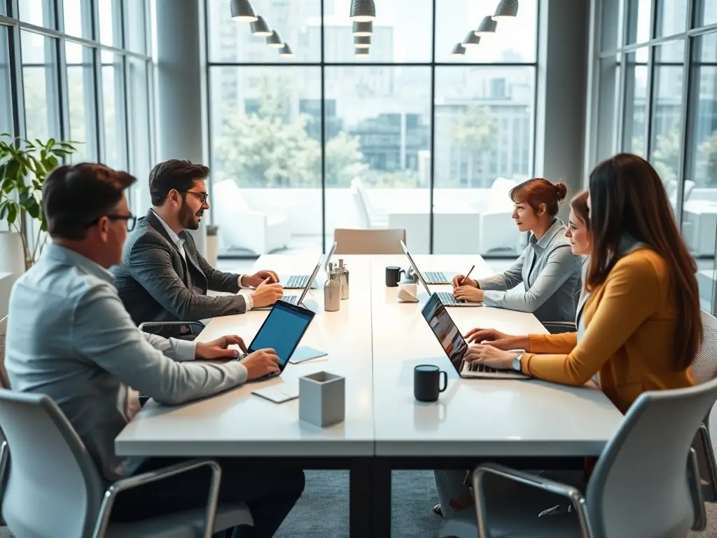 A high-angle shot of executives collaborating in a modern office, focusing on workflow diagrams and digital dashboards displayed on large screens, symbolizing executive workflow refinement.