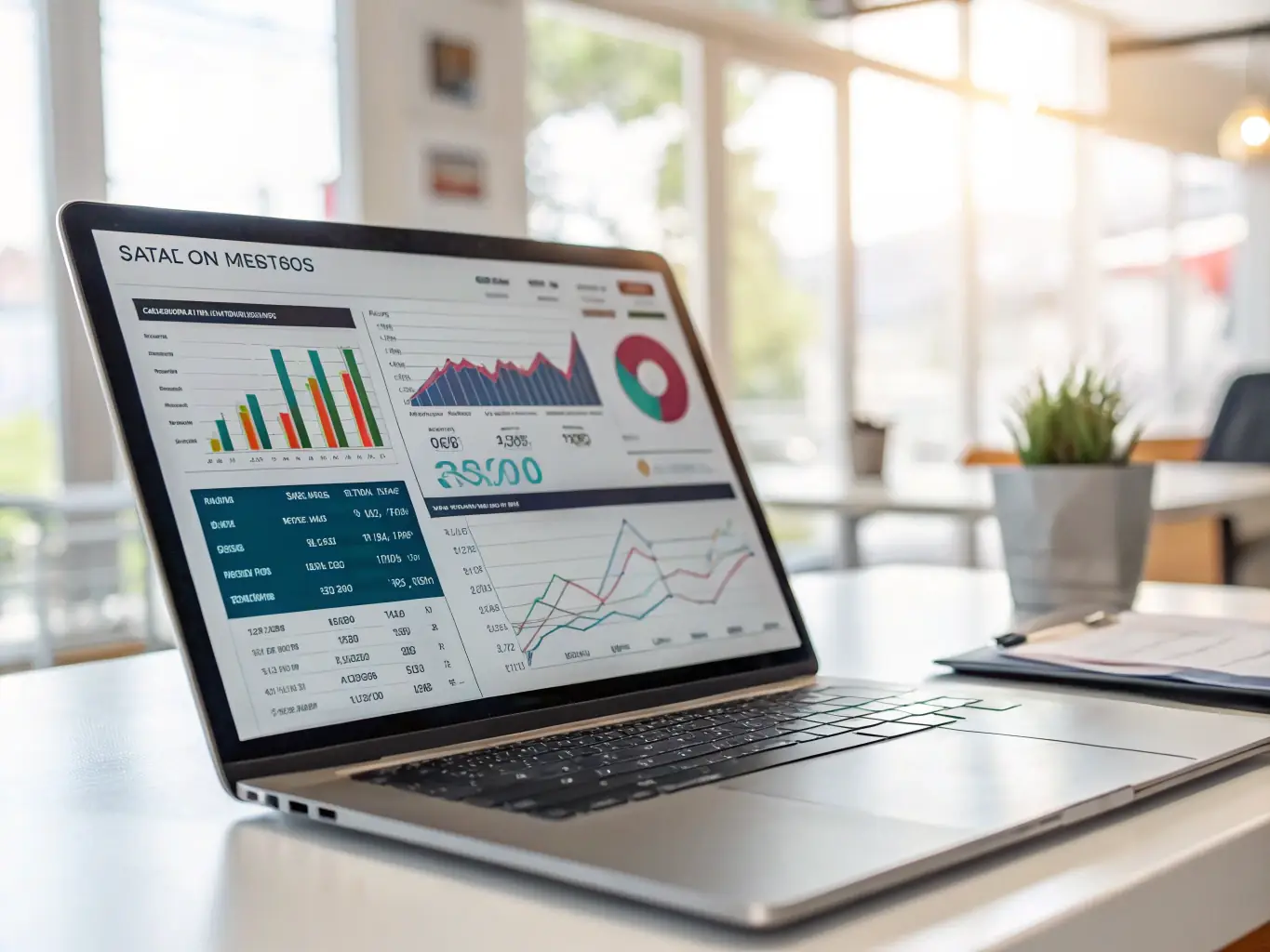 A visual depiction of a business dashboard with key performance indicators (KPIs) trending upwards, representing improved decision-making through data-driven insights.