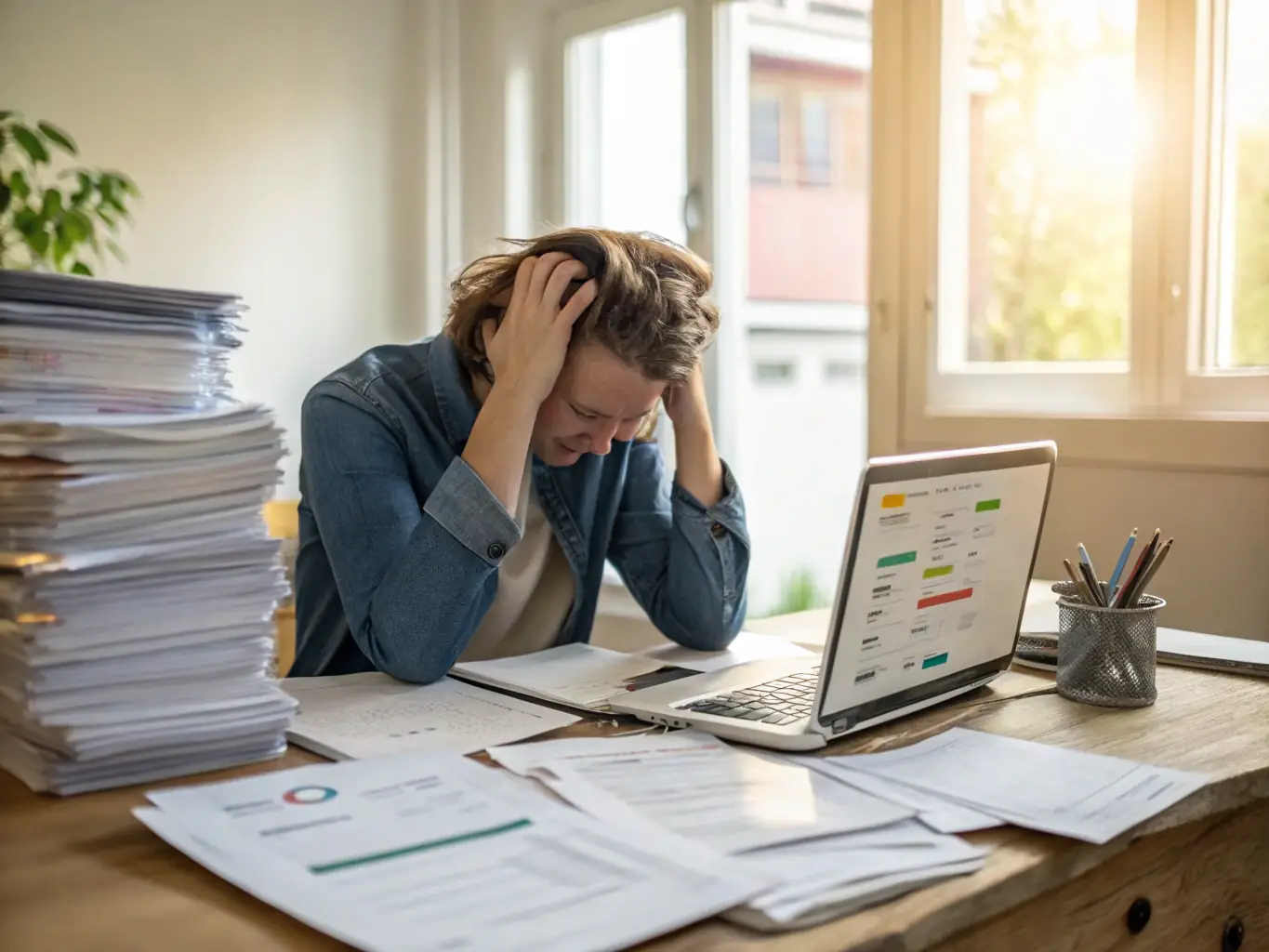 An image depicting a frustrated employee struggling with complex spreadsheets, representing the time-consuming nature of manual ERP processes.