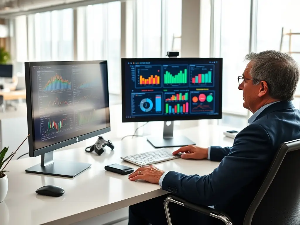 A professional executive in a modern office setting, reviewing ERP data on a large screen, with charts showing improved efficiency and increased EBITDA.