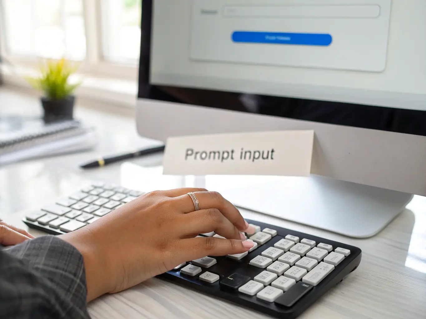 A close-up shot of a hand manually entering data into an outdated ERP system, symbolizing the inefficiency and potential for errors in manual processes.