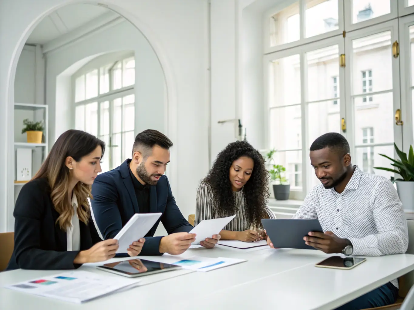 A team of C-Suite Pro consultants collaborating in a meeting room, brainstorming strategies to eliminate inefficiencies in a client's ERP system.