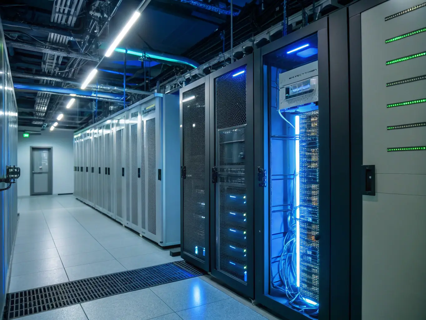 A secure server room with advanced biometric access, digital locks, and encrypted data streams, symbolizing enterprise-grade security and compliance in payment processing for large organizations.