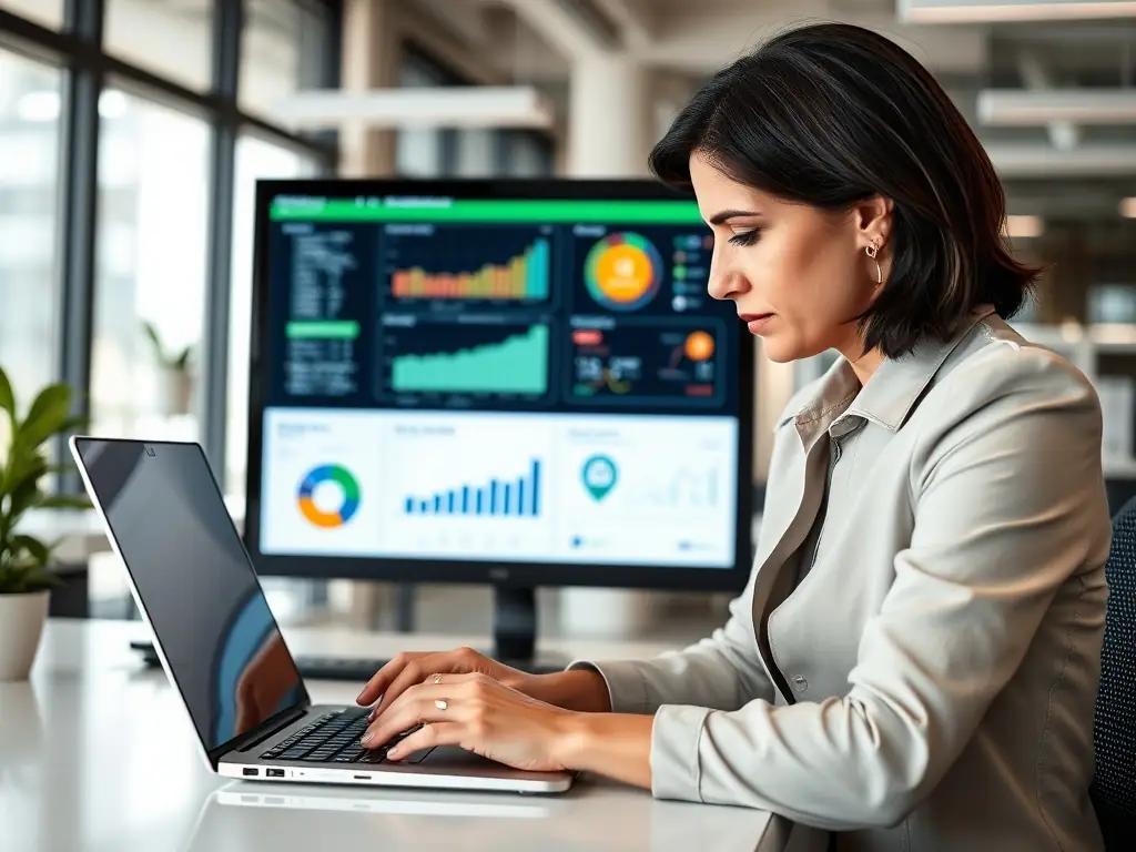 A modern office environment showing a finance executive confidently reviewing payment approvals on a laptop, with a secure digital lock icon overlay, representing robust payment security within NetSuite.