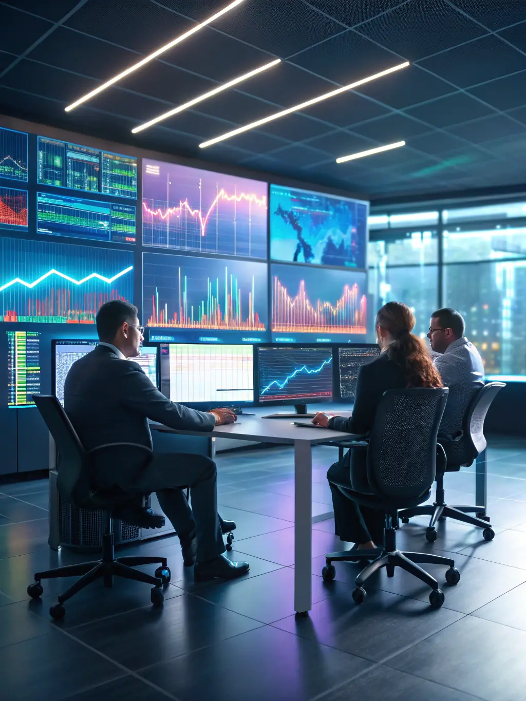 A team of professionals collaborating over infrastructure blueprints and cloud architecture diagrams, illustrating strategic infrastructure planning for growth.