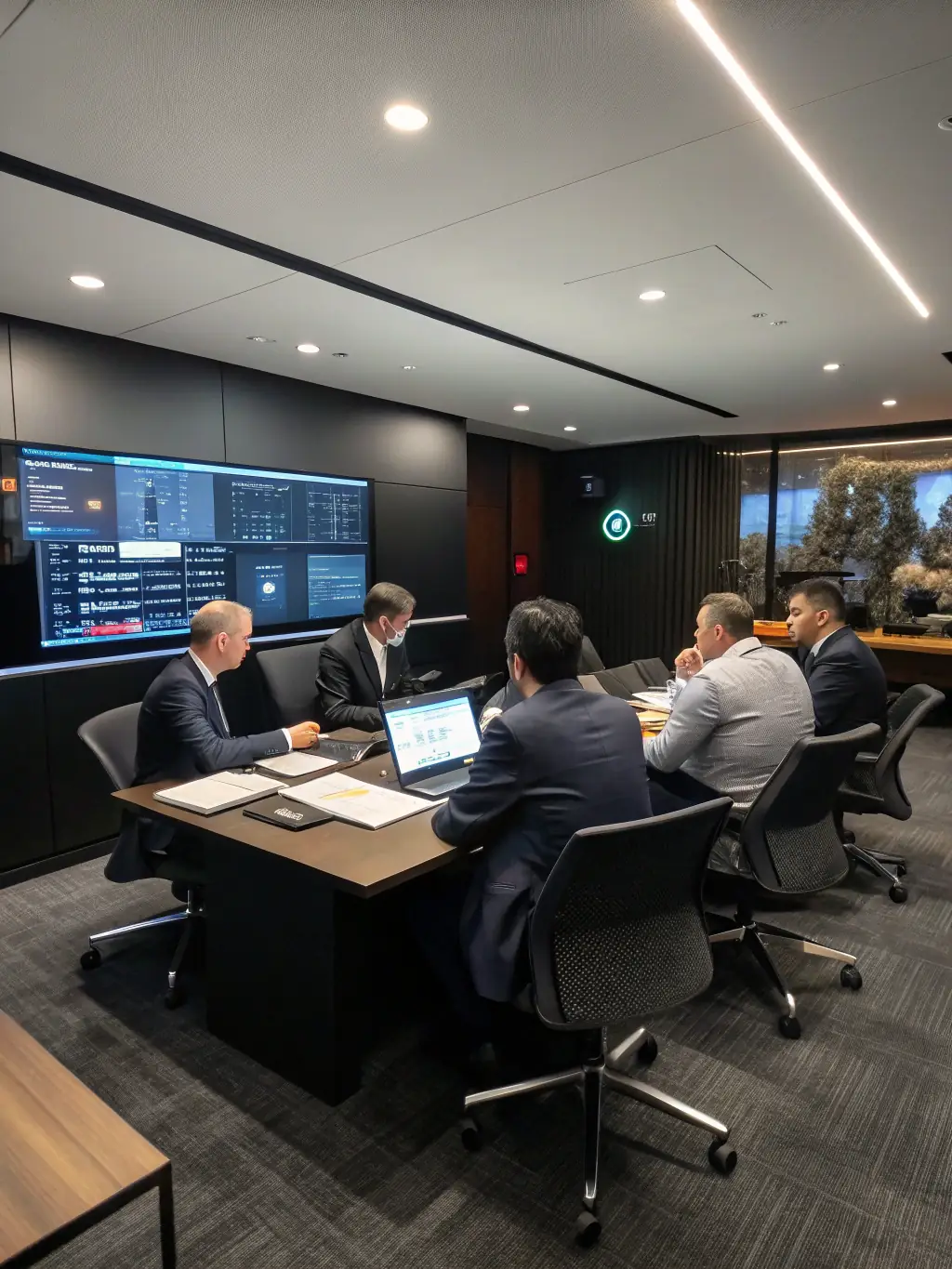 A group of executives in a sleek boardroom, confidently discussing a stable financial forecast displayed on a large screen, with graphs showing consistent costs over time. This image will be used to highlight cost stability.