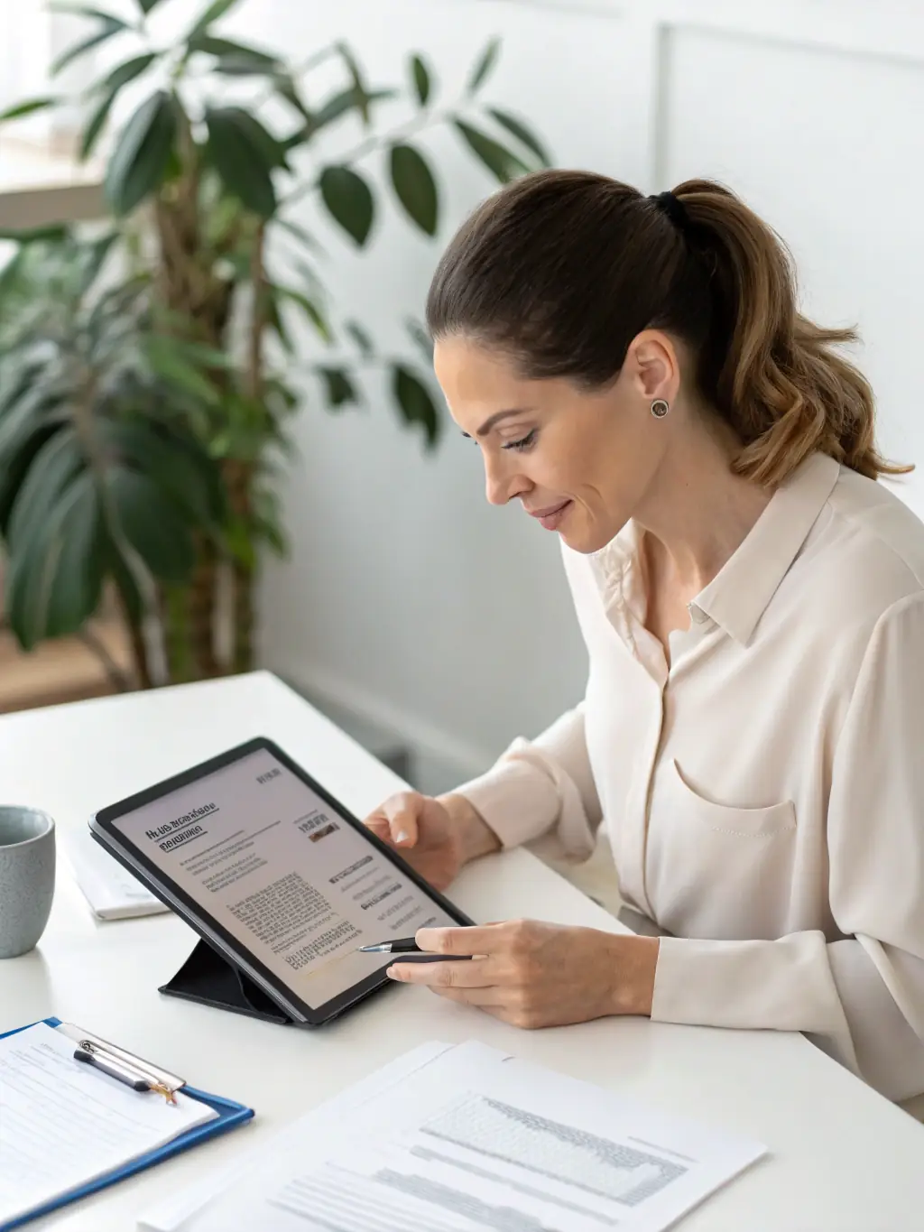 A confident executive in a modern office, reviewing digital workflow diagrams on a tablet, symbolizing strategic workflow audits for enterprise clients.