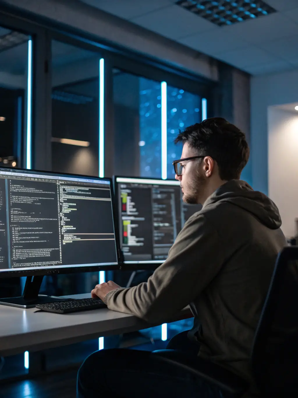 A technical consultant analyzing code and system architecture on multiple monitors, representing a deep technical review session for enterprise software environments.