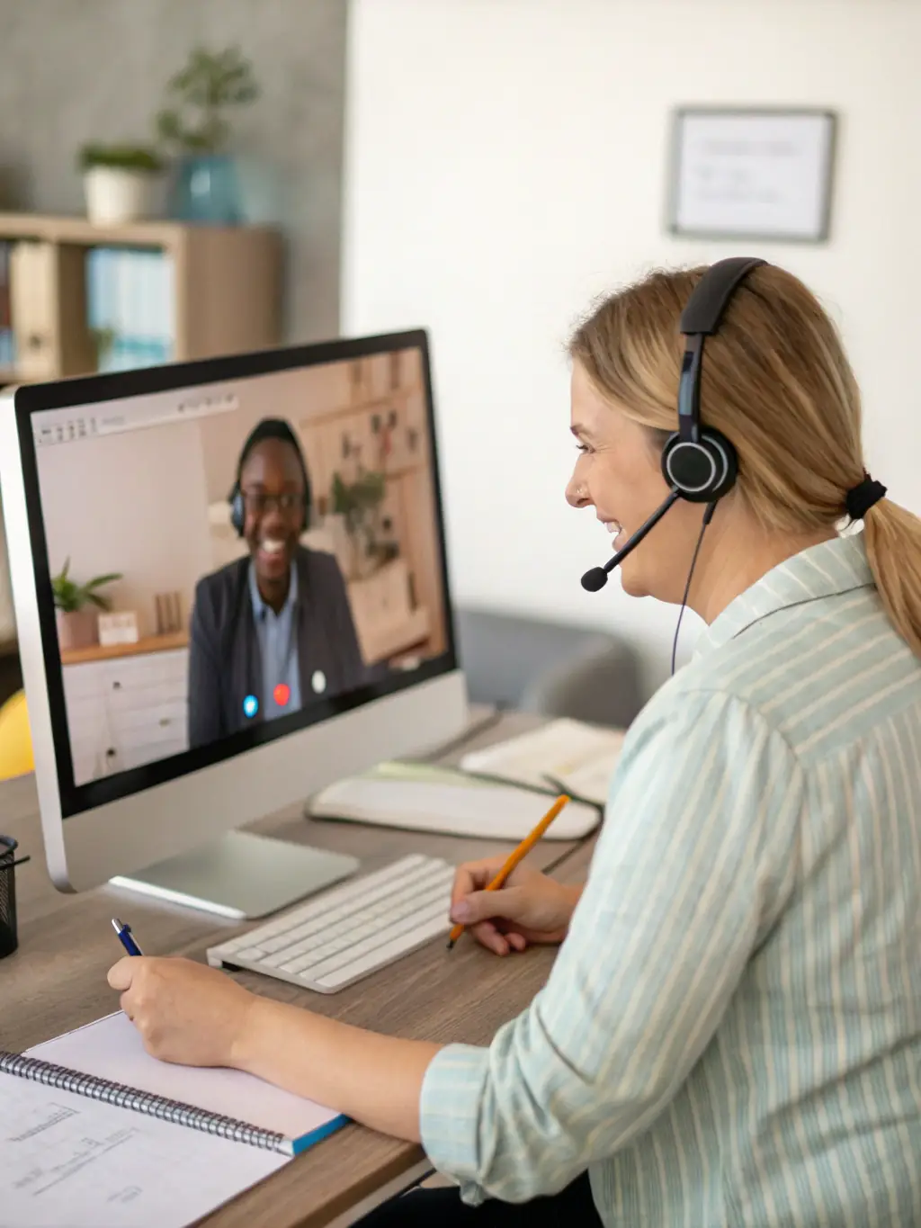 A support specialist engaging with an executive via video call, both smiling, with a visible support ticket system showing fast resolution times. This image will be used to illustrate responsive support.