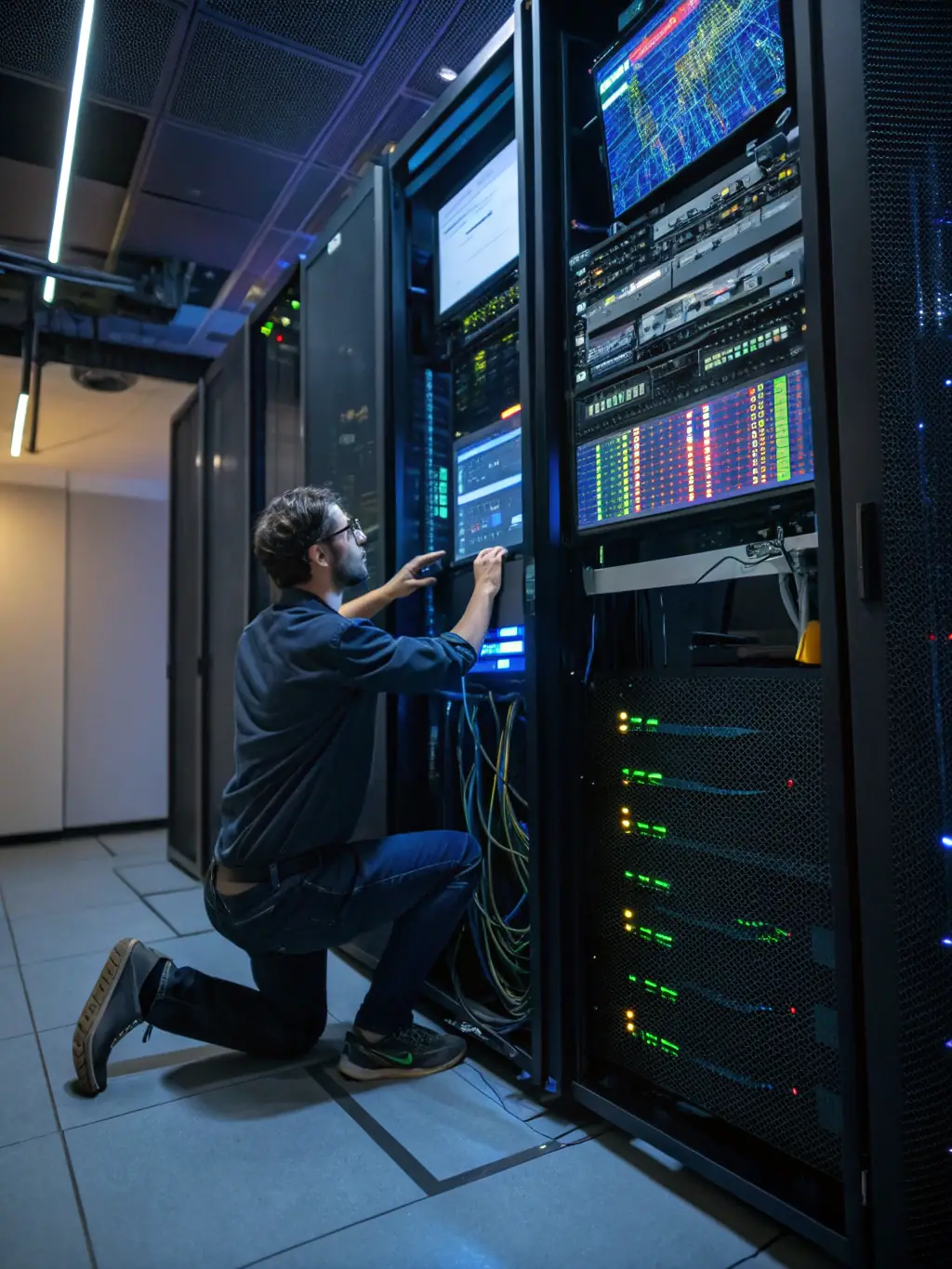A server room with glowing, secure infrastructure and a technician monitoring a dashboard showing 100% uptime, symbolizing robust and reliable systems. This image will be used to convey system reliability.