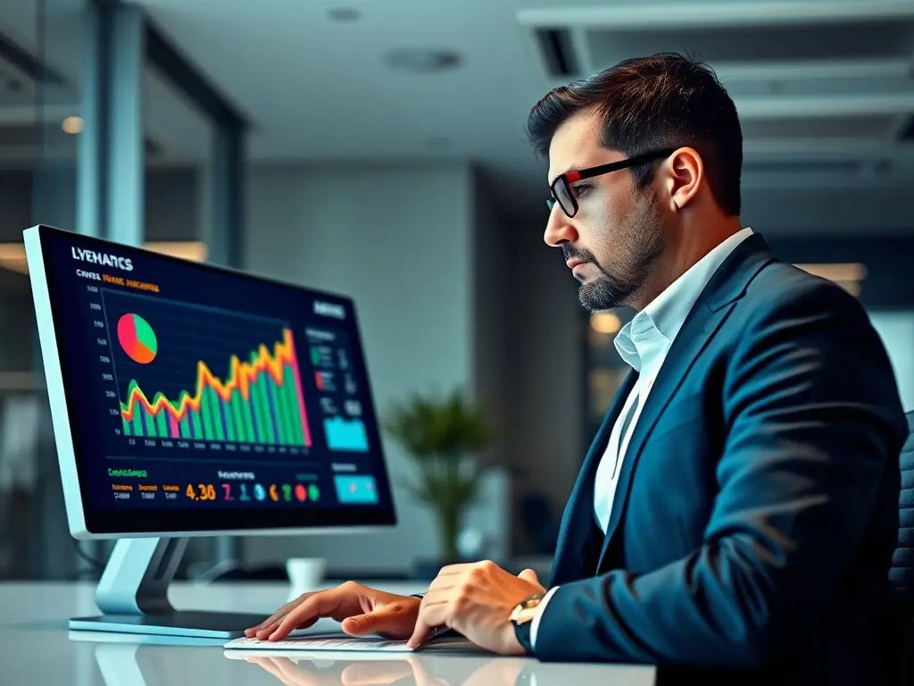 A close-up of a transparent pricing dashboard on a computer screen, showing clear interchange-plus rates and cost breakdowns, with a business leader smiling in the background.