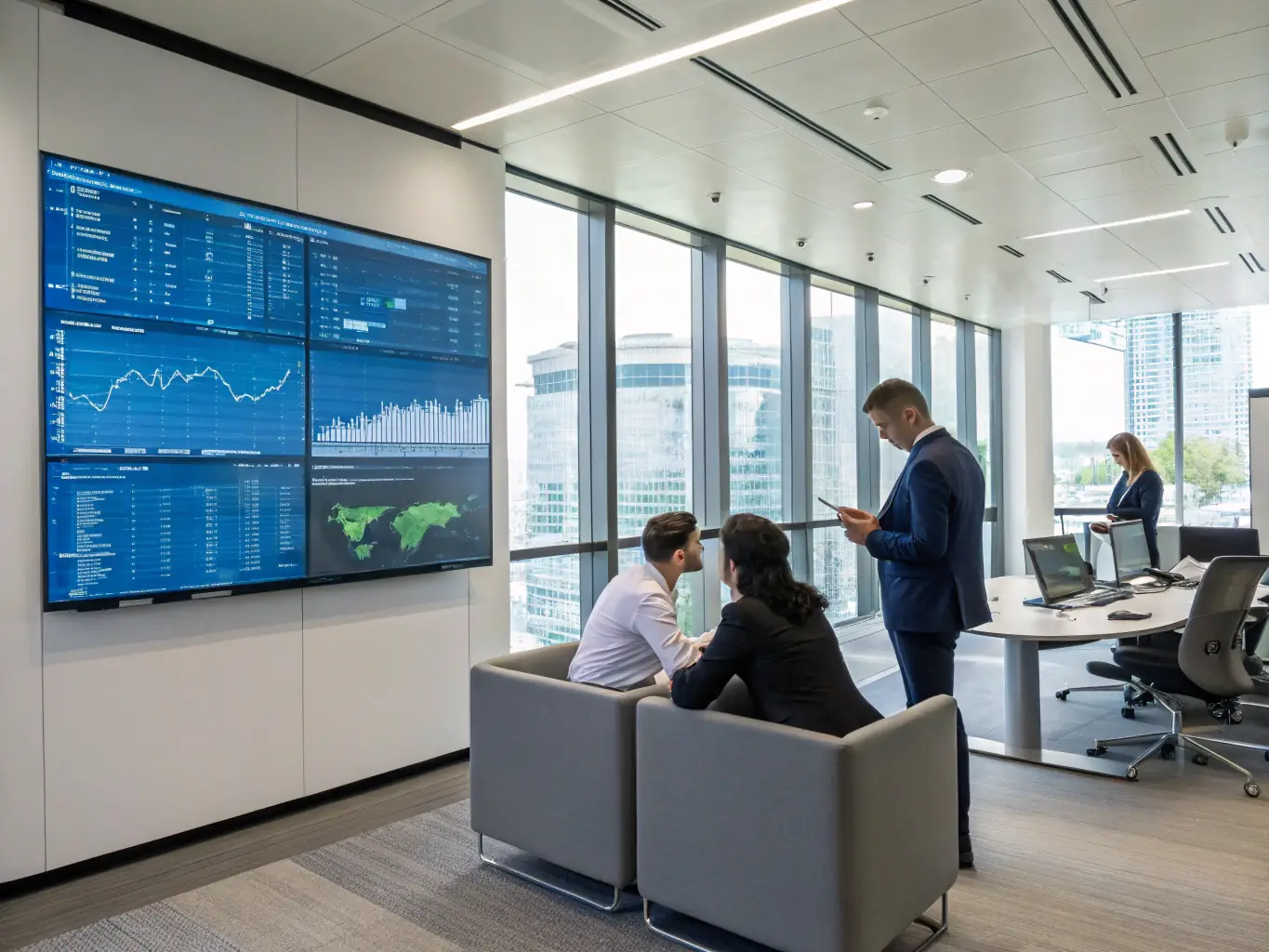 A modern office environment showing executives collaborating over a digital dashboard displaying real-time payment analytics, with a focus on speed and workflow automation, representing increased efficiency for enterprise finance teams.