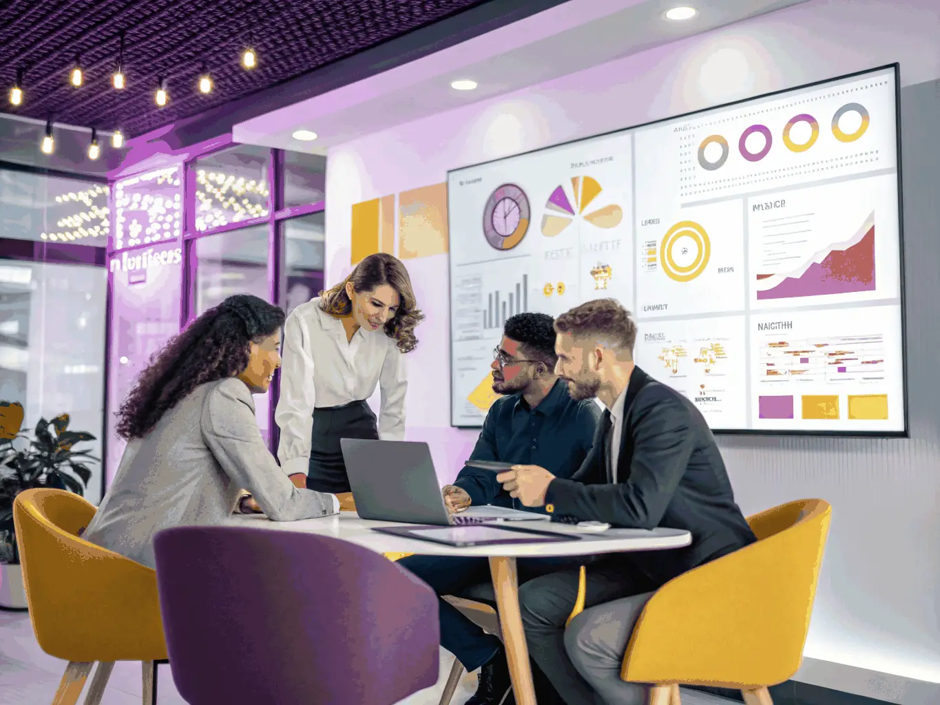 A team of professionals collaborating around a large screen displaying a seamless NetSuite workflow, with payment approvals and reconciliations happening in real time, symbolizing workflow automation.