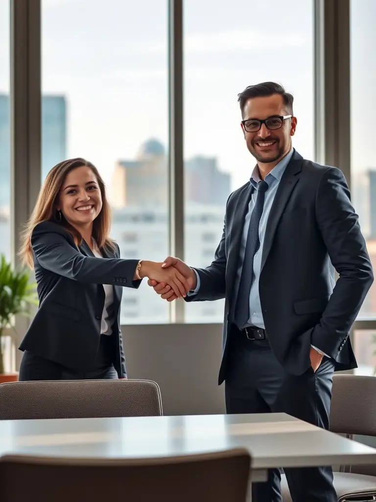 A handshake between a C-suite executive and a consultant in a glass-walled boardroom, symbolizing trusted partnership and tailored enterprise solutions.